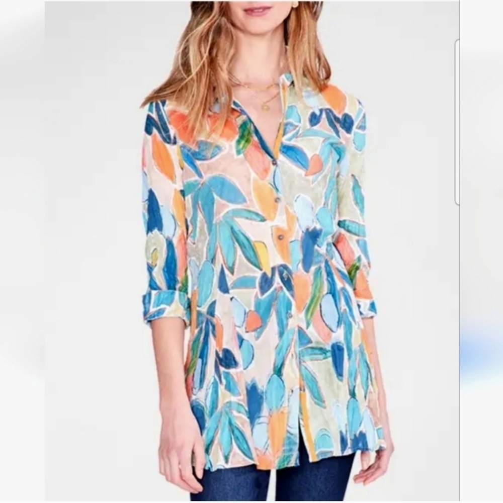 Nic+Zoe Pastel Colorful Print Women's Button Down Shirt Size S